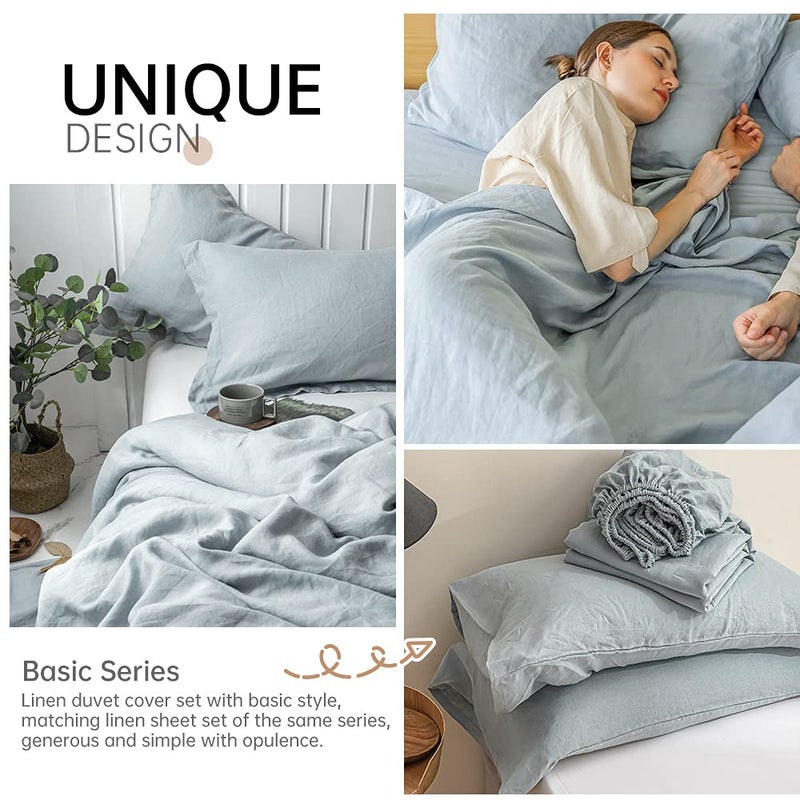 Simple&Opulence 100% Linen Duvet Cover Set 3pcs Basic Style Natural French Washed Flax Solid Color Soft Breathable Farmhouse Bedding with Button Closure - Dusty Blue, King - Image 5